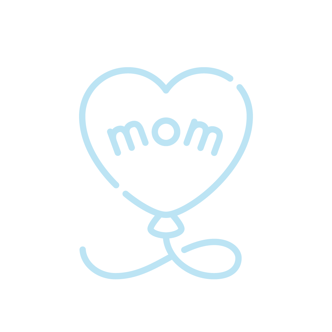 Light blue neon outline of a heart-shaped balloon with the word 'mom' inside.