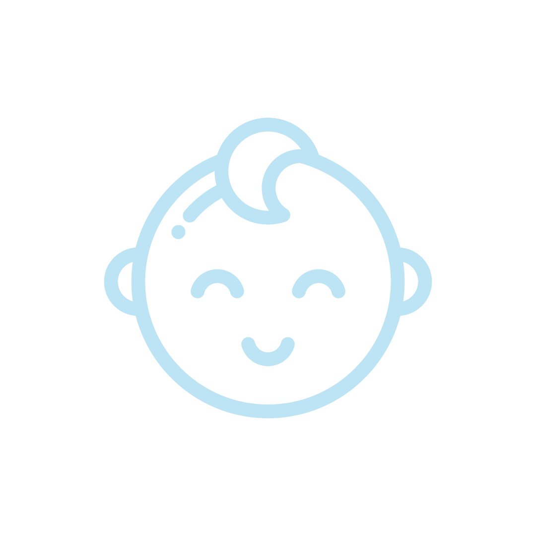 Line drawing of a smiling baby's face with a curl of hair on top, in light blue on a black background.
