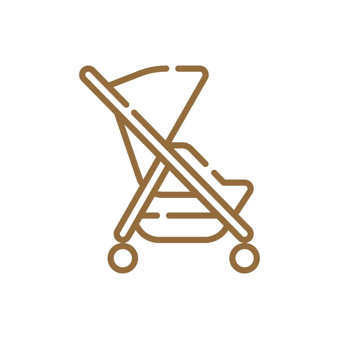 Icon of a foldable baby stroller with a crossed-out symbol indicating no strollers allowed