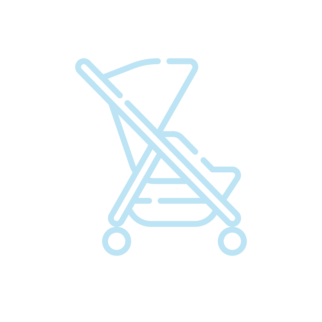 Neon sign of a baby stroller on a black background.