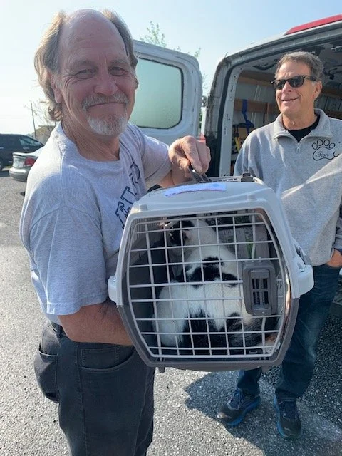 A man holding a cat in a carrier with another man smiling nearby outside near a white vehicle.