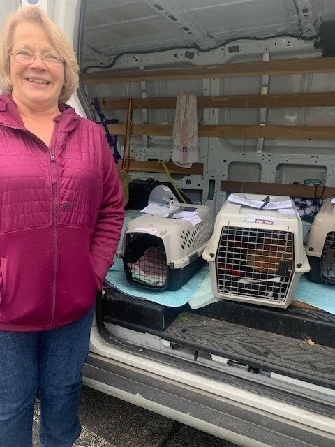 A woman wearing a purple jacket standing next to a van filled with pet carriers and supplies, with shelves inside the van.