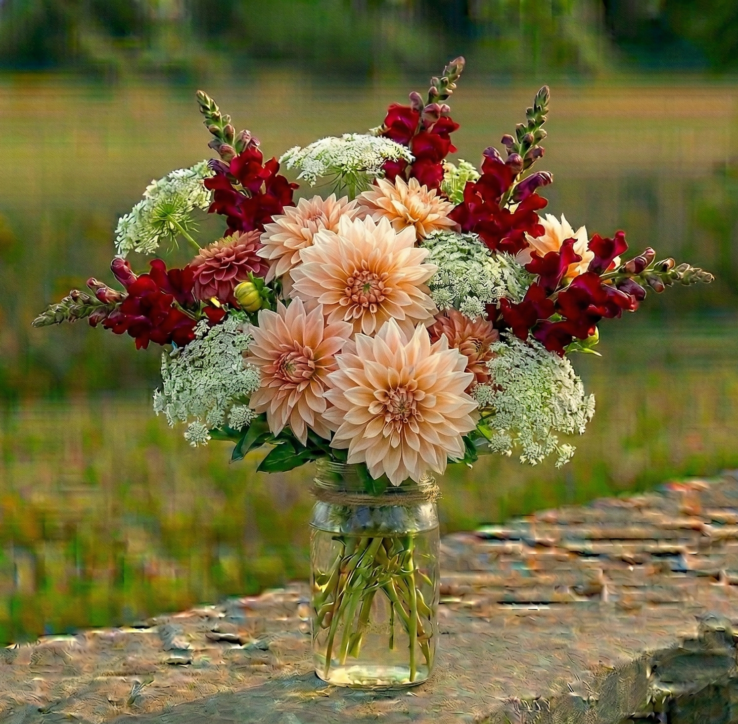 Middle summer bouquet - cafe au lait dahlia, red snaps.png