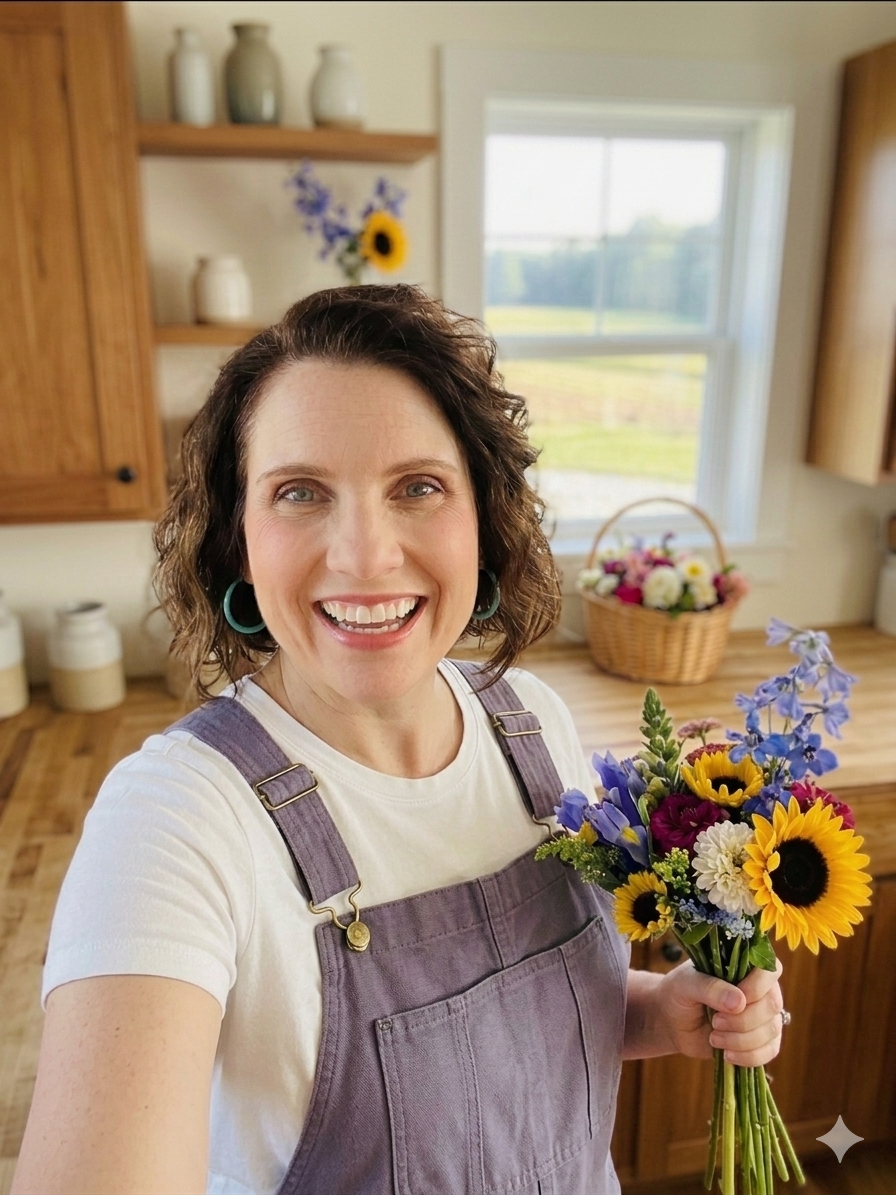 A woman with curly brown hair and teal hoop earrings is smiling and holding a colorful bouquet of flowers in a bright kitchen with wooden cabinets and a window showing a green landscape outside.