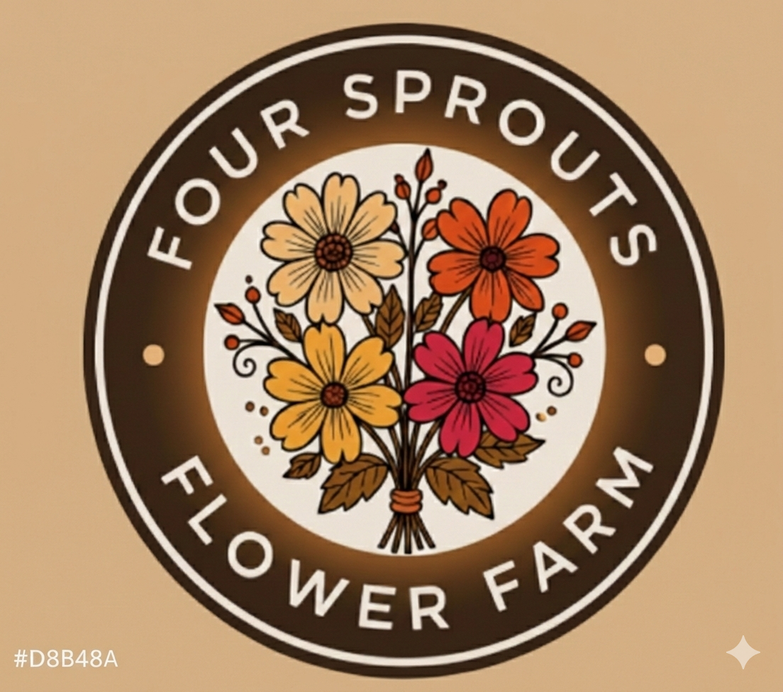 Logo with a bouquet of colorful flowers and text reading 'FLOUR SPROUTS FLOWER FARM' around the circle.