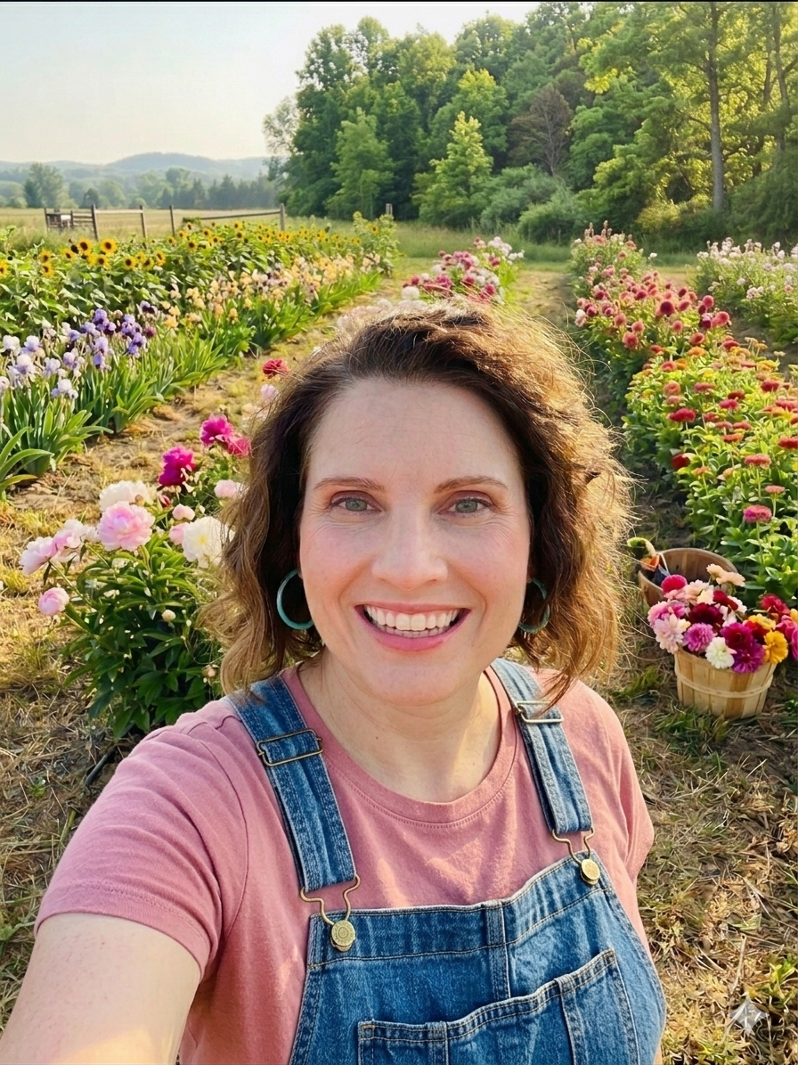A woman with curly brown hair smiling and taking a selfie in a flower field during daytime. She is wearing a pink T-shirt, denim overalls, and turquoise earrings. The background features rows of pink, purple, and yellow flowers with trees and distant hills.