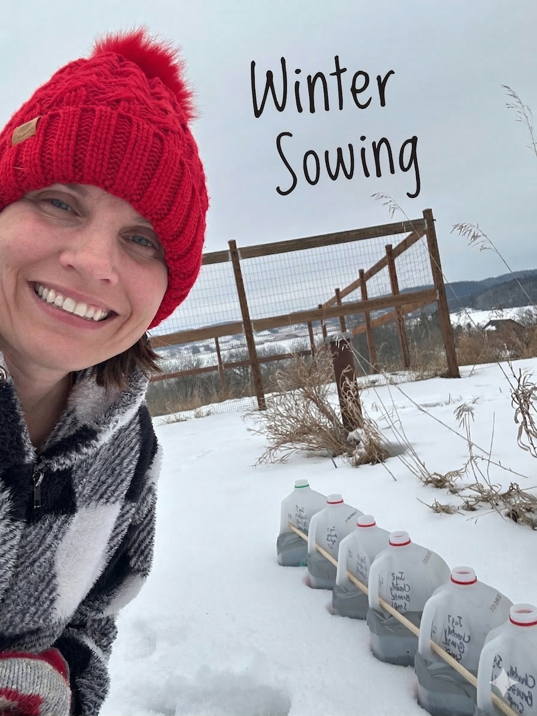 A woman bundled in warm winter clothing, smiling in a snowy outdoor landscape, with a red knit hat and a fleece jacket, sparse dry plants, a wooden fence, and makeshift greenhouse with bottles of water labeled for winter sowing.