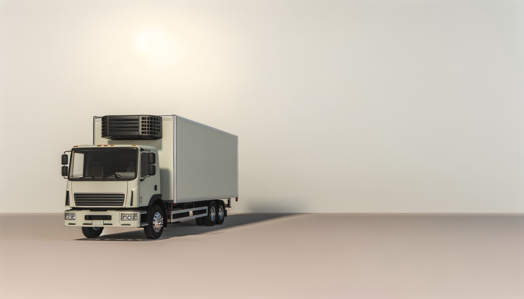 A small white refrigerated delivery truck parked on a plain surface with a light-colored blank wall in the background.