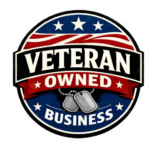 Circular logo with stars and stripes, featuring the words 'Veteran Owned Business' and military dog tags.