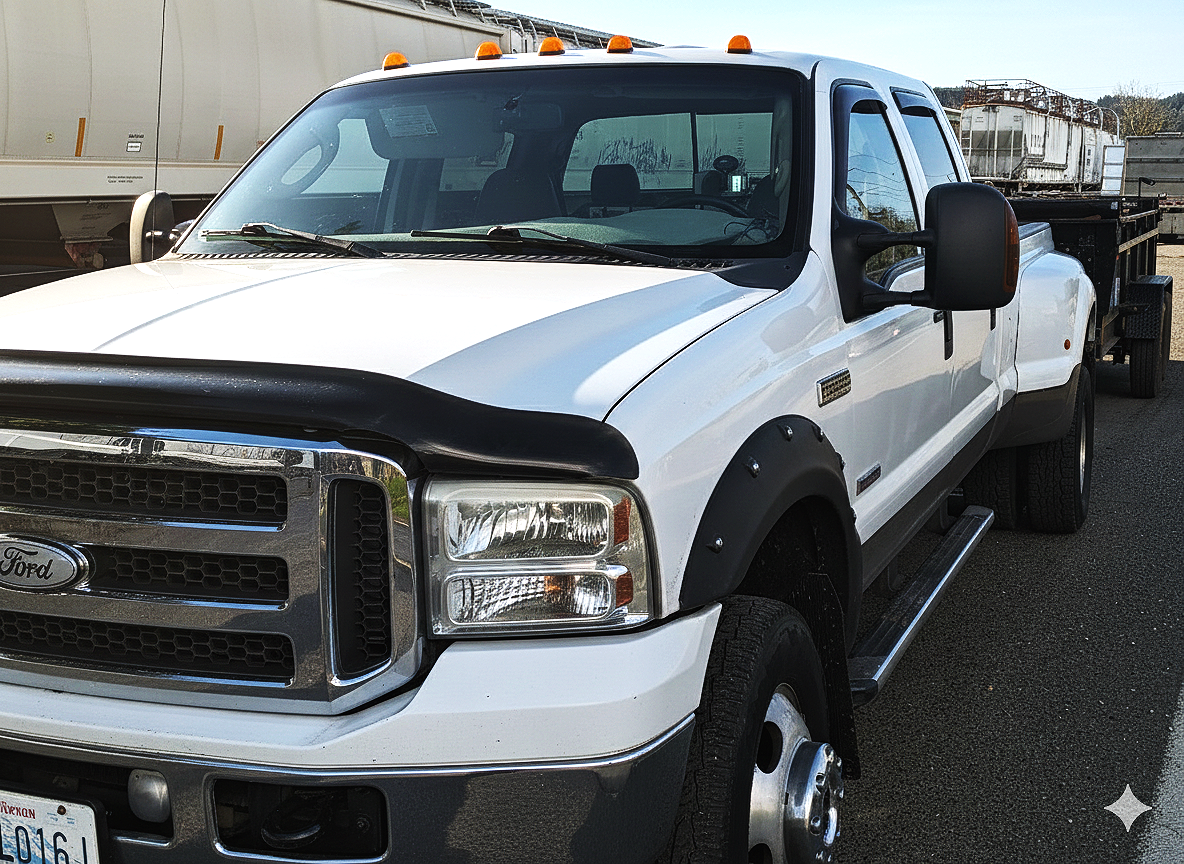 White Ford truck with flatbed parked on the side of the road, with a trailer attached in a rural or industrial area.