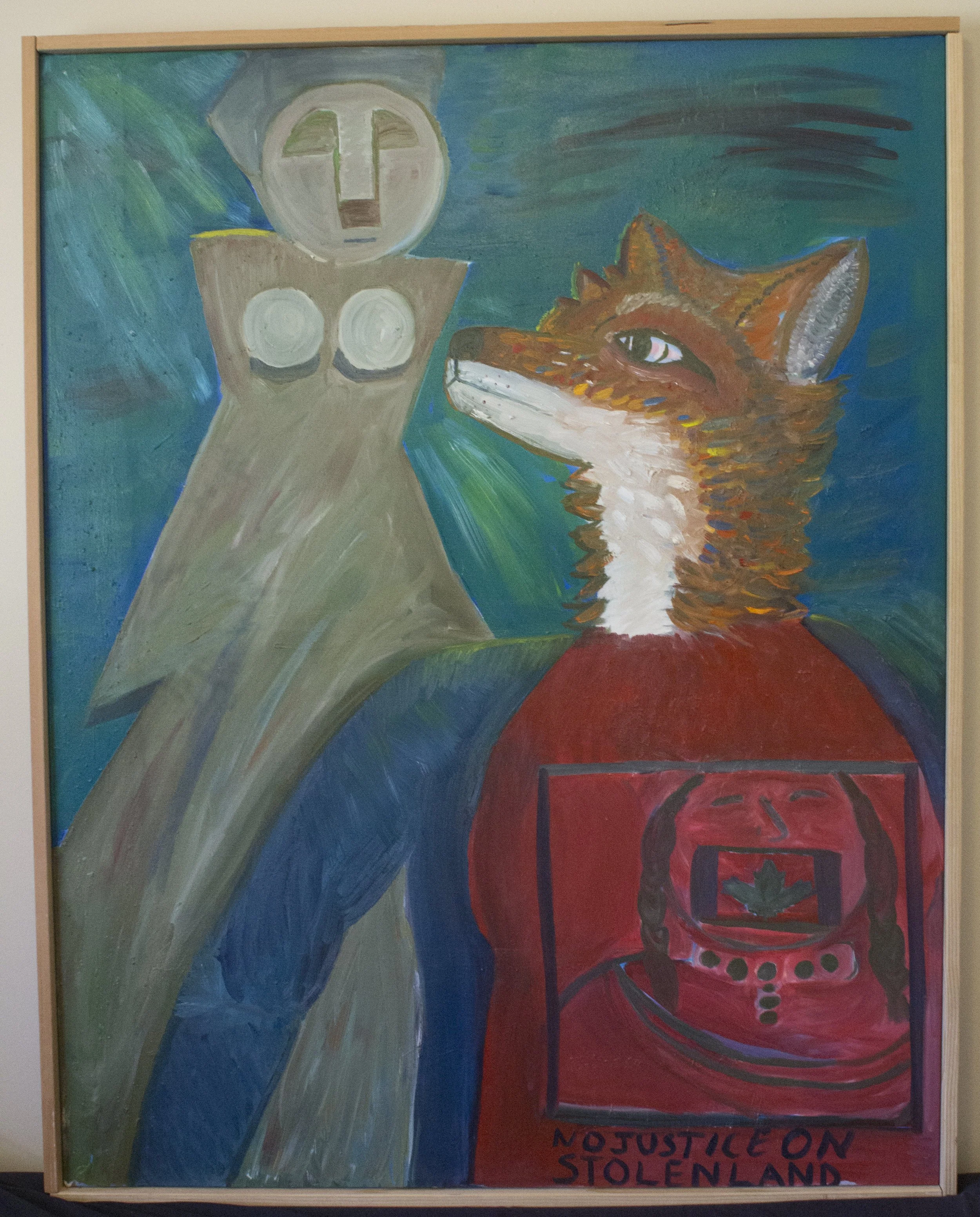 An abstract painting featuring a stylized human face with an afro and a large smiling mouth on a red background, a figure with a round head, two white circles, and a brown dress, with colorful background swirls. The phrase 'NO JUSTICE ON STOLEN LAND'