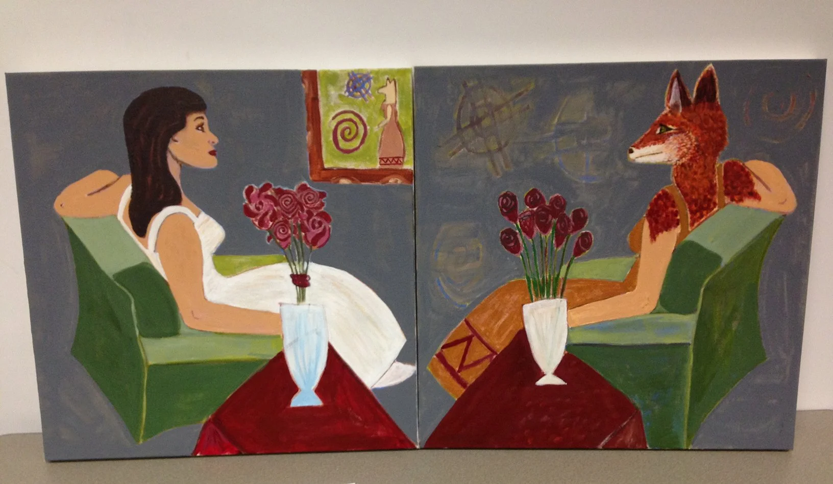 Painting of a woman with a bouquet of roses sitting on a green couch on the left, and an anthropomorphic fox with a bouquet of roses sitting on a green couch on the right, with abstract artwork in the background.
