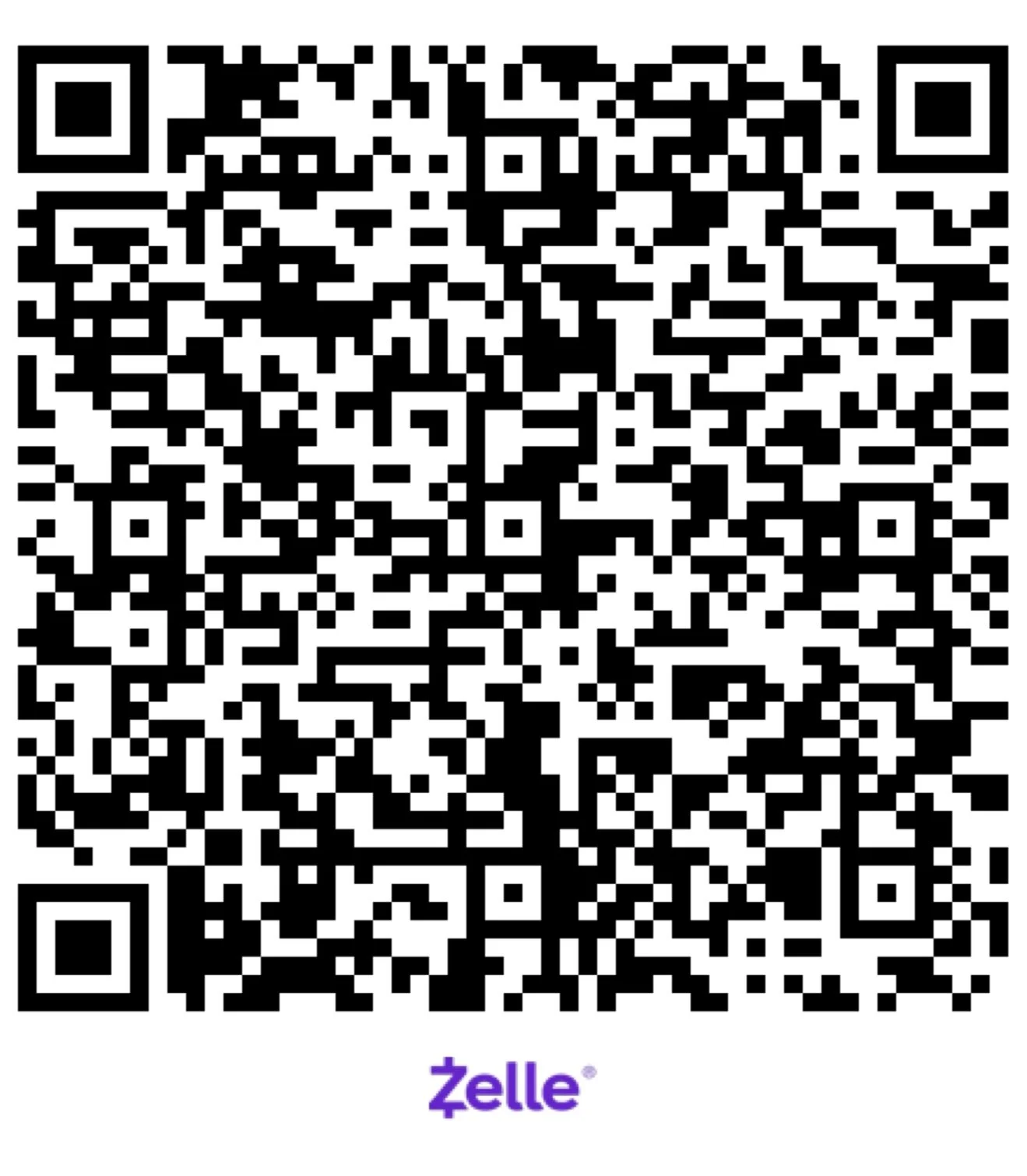 A QR code with the Zelle logo below it.