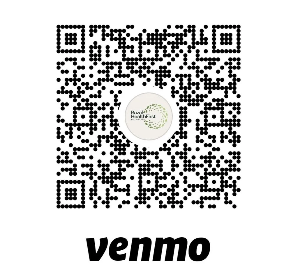 QR code with a Venmo logo and the words 'Venmo' underneath. Inside the QR code is a circular logo for Razal Health First.