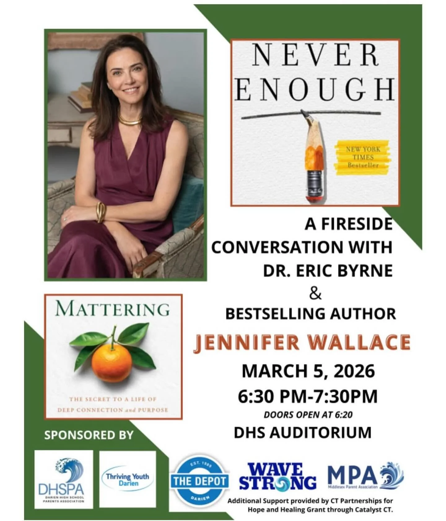 We&rsquo;re thrilled to welcome Jennifer Wallace, New York Times bestselling author of &ldquo;Never Enough: When Achievement Culture Becomes Toxic&mdash;and What We Can Do About It&rdquo; and &ldquo;Mattering: The Secret to a Life of Deep Connection 