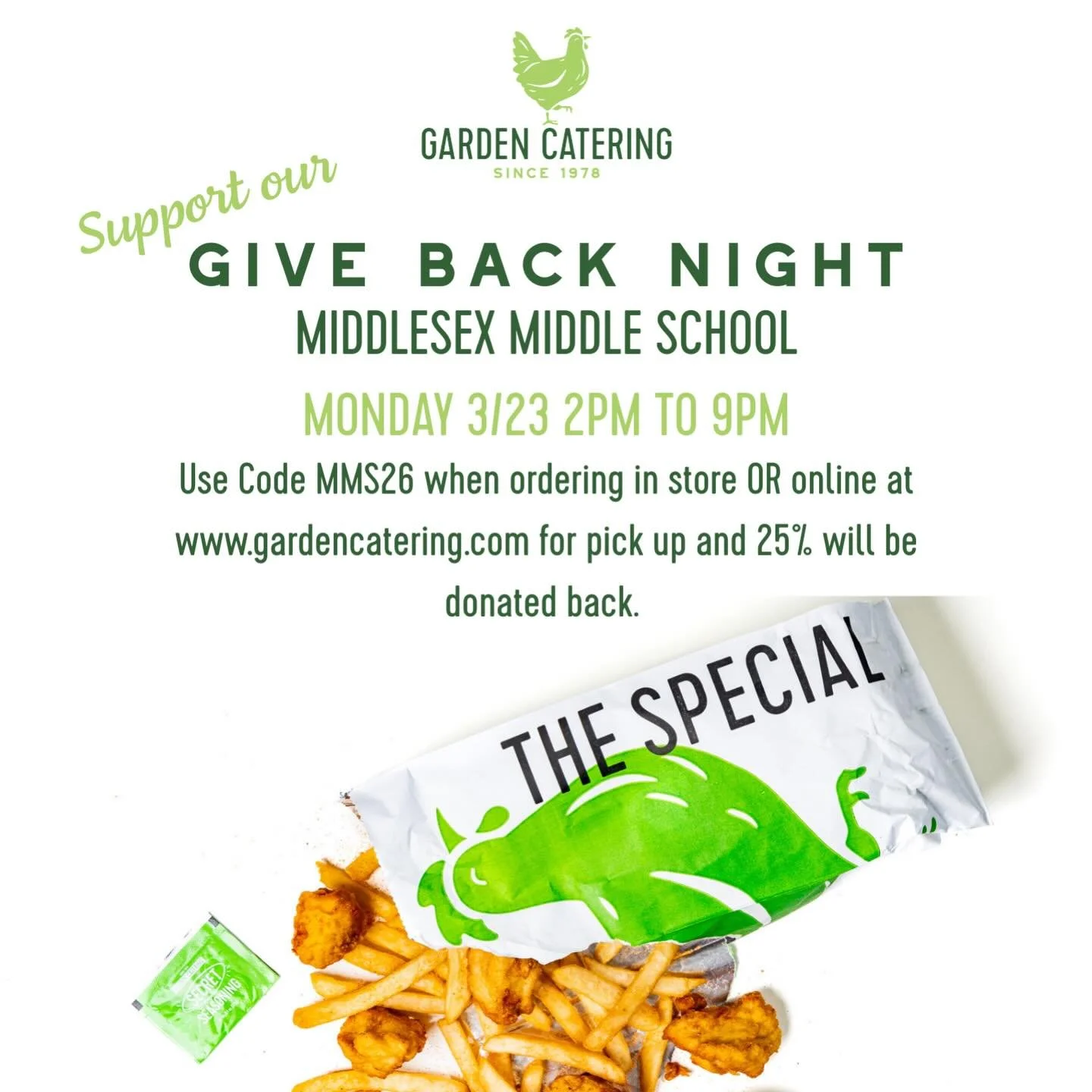 Garden Catering is hosting a &ldquo;Give Back Day&rdquo; to benefit MMS on Monday, March 23rd! 🎉 

Make plans to order anytime between 2&ndash;9 PM, and 25% of your purchase will help fund the MMS Parent Association. 💙

📍 Location: 320 Heights Roa