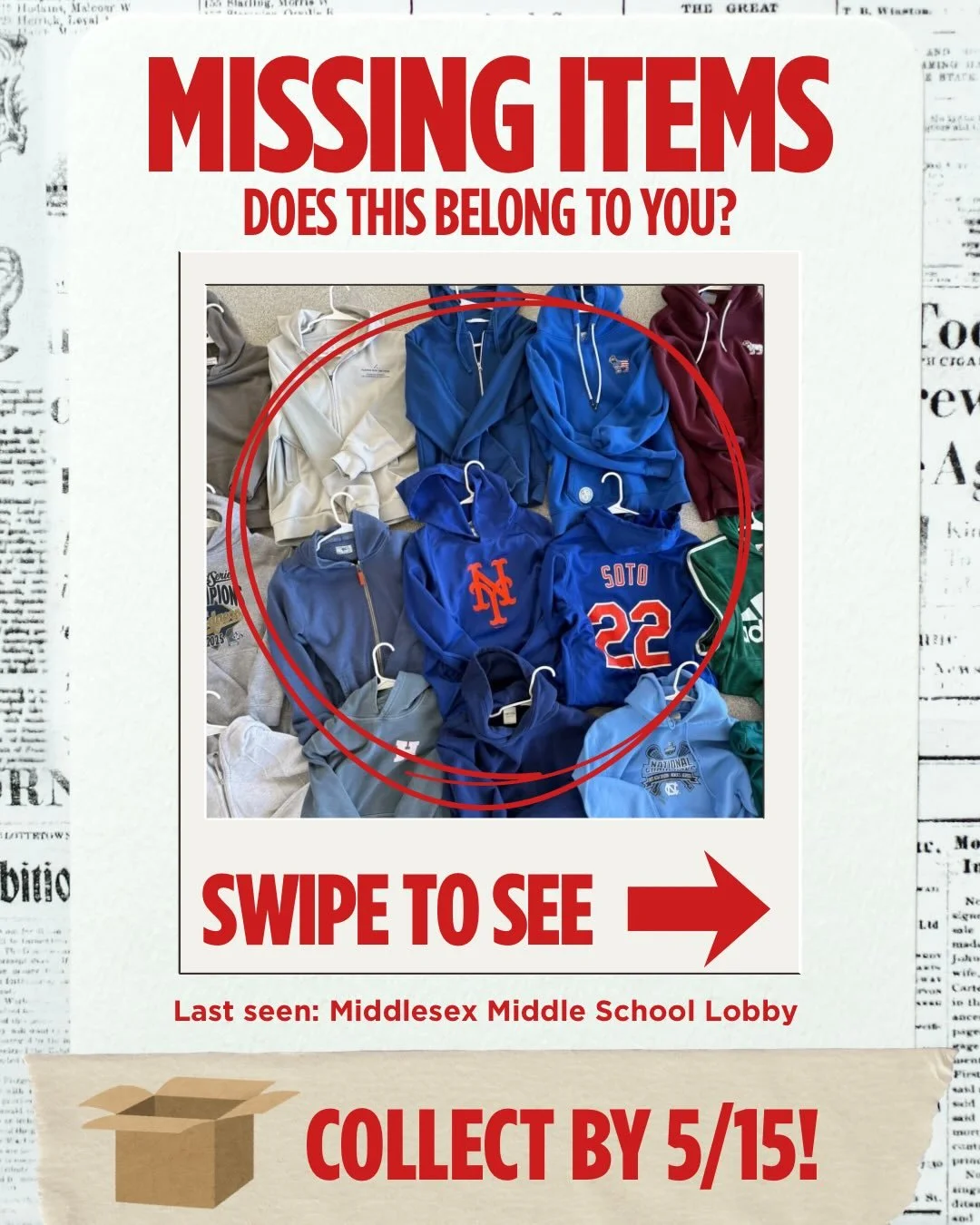 Our Lost &amp; Found is overflowing! 👕🧥🎒

Scroll through to see just some of the many unclaimed items waiting to be picked up 👀➡️

Please ask your student to check the Lost &amp; Found and bring their belongings home. Any items not claimed by May