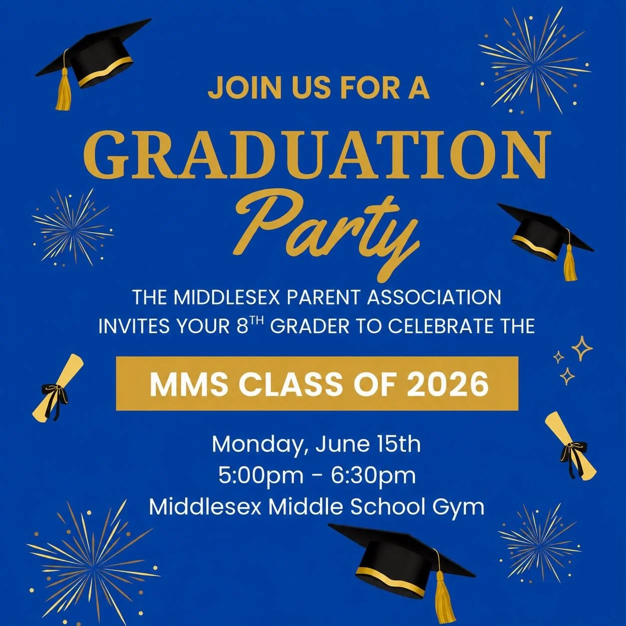 🎓EIGHTH GRADE PROMOTION PARTY &ndash; JUNE 15 🎉

The MPA is excited to host our second annual 8th Grade Promotion Party on June 15 from 5:00&ndash;6:30 PM in the MMS gymnasium!

After such a fun and successful event last year, we can&rsquo;t wait t
