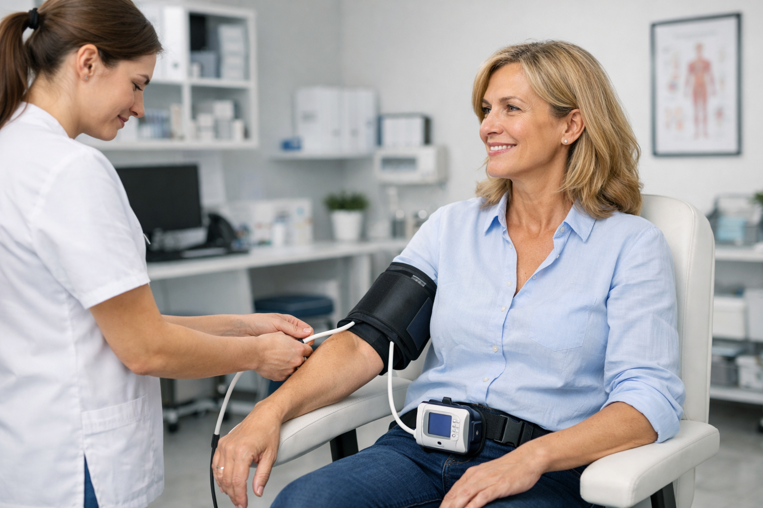 A middle-aged woman having a 24-hour ambulatory blood pressure monitor fitted by a specialist to accurately diagnose and manage hypertension