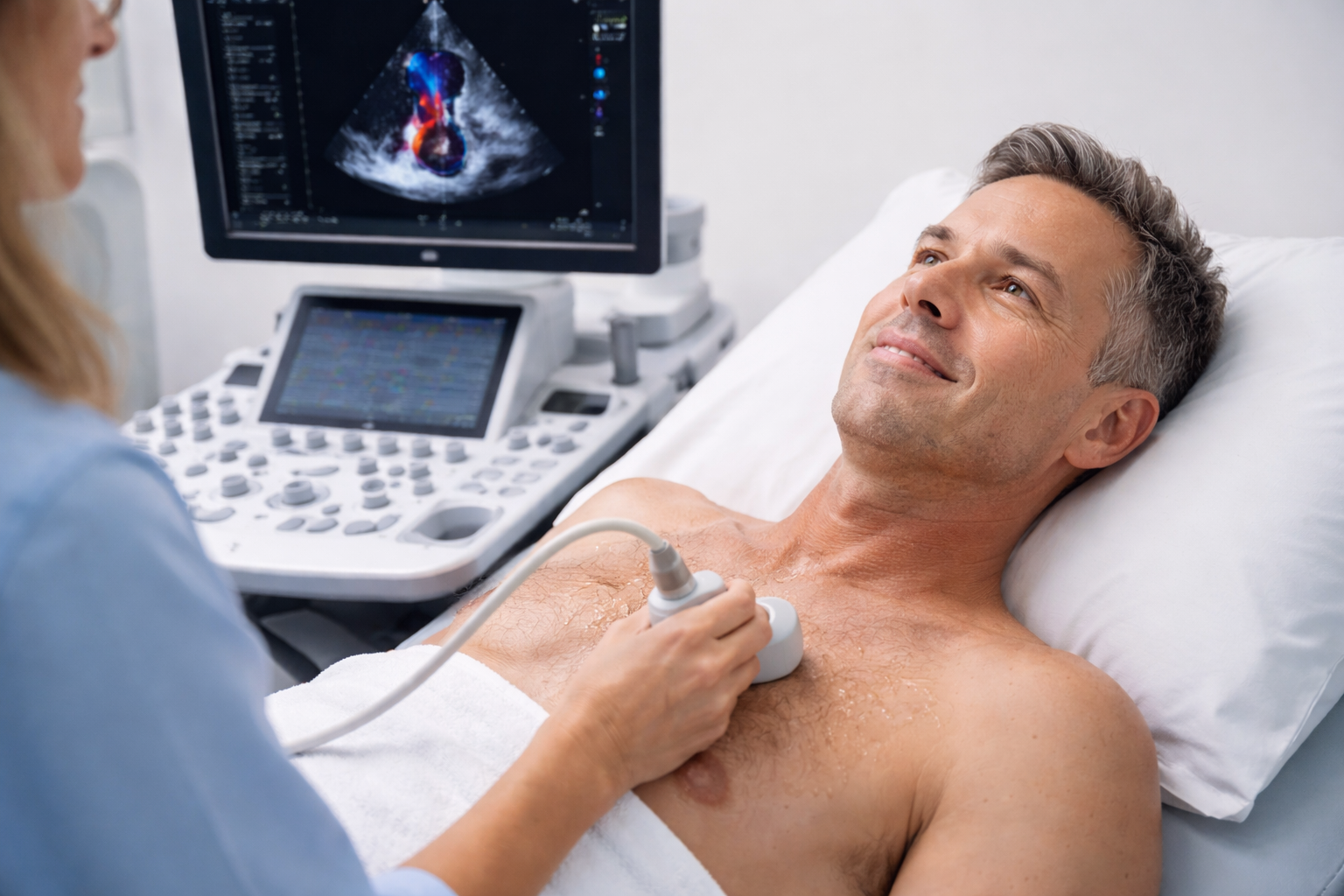 A man undergoing a private echocardiogram (heart ultrasound) with a specialist to evaluate heart valve function and cardiac structure