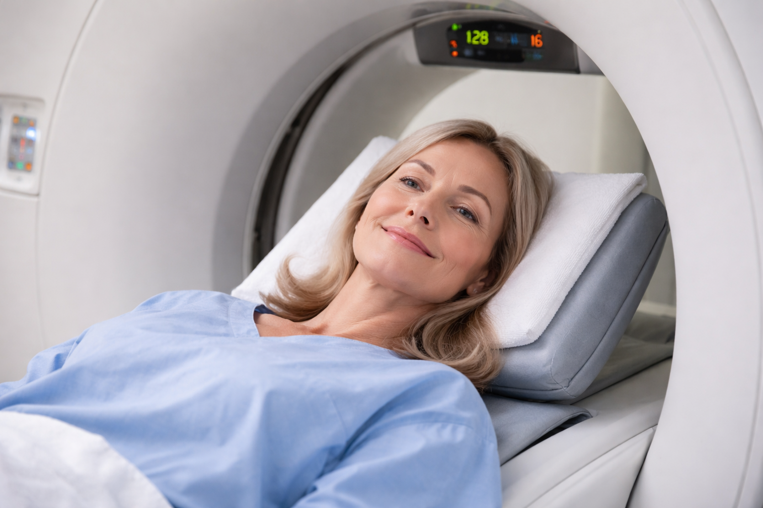 A middle-aged woman prepared for a CT coronary angiogram (Cardiac CT) to identify blocked heart arteries and assess coronary artery disease risk