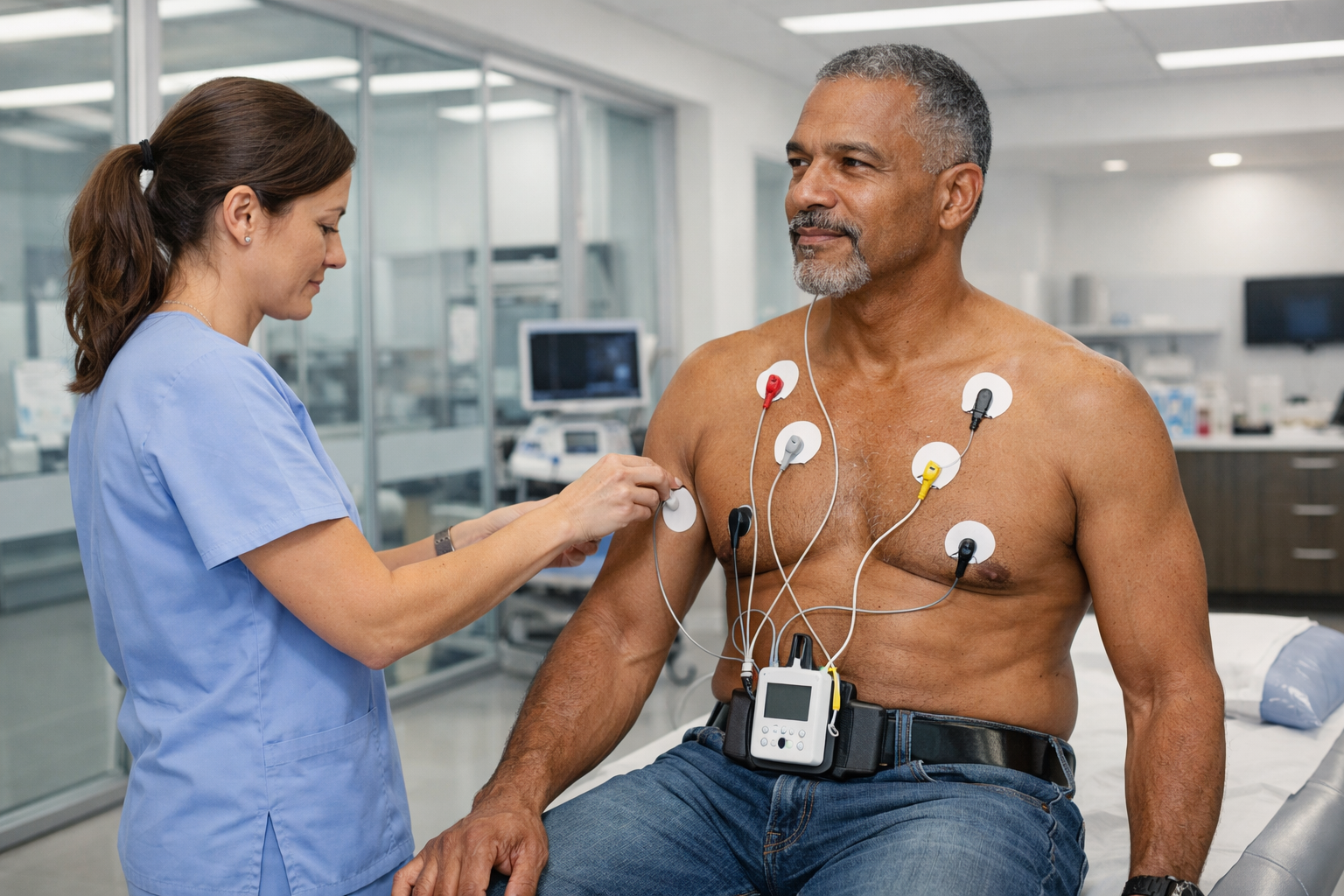 A middle-aged man having a 24-hour heart monitor (Holter monitor) fitted by a specialist to continuously record heart rate and rhythm