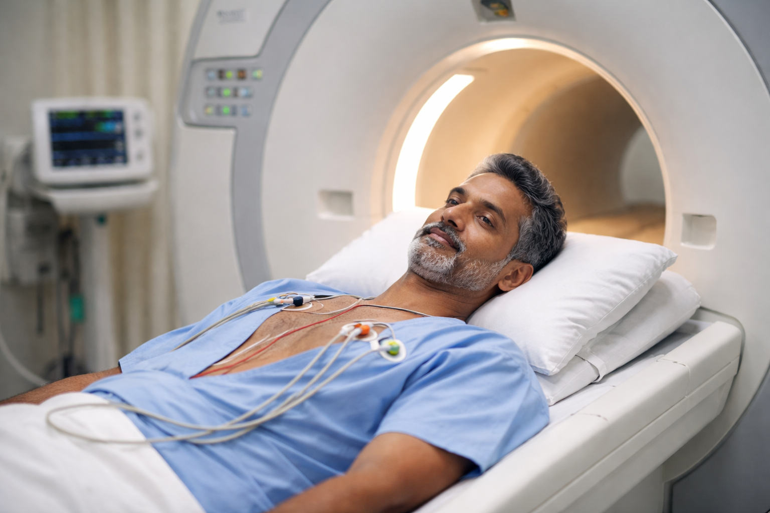 A man prepared for an advanced cardiac MRI (cardiovascular MRI) to evaluate the heart muscle, heart function, and underlying causes of heart failure