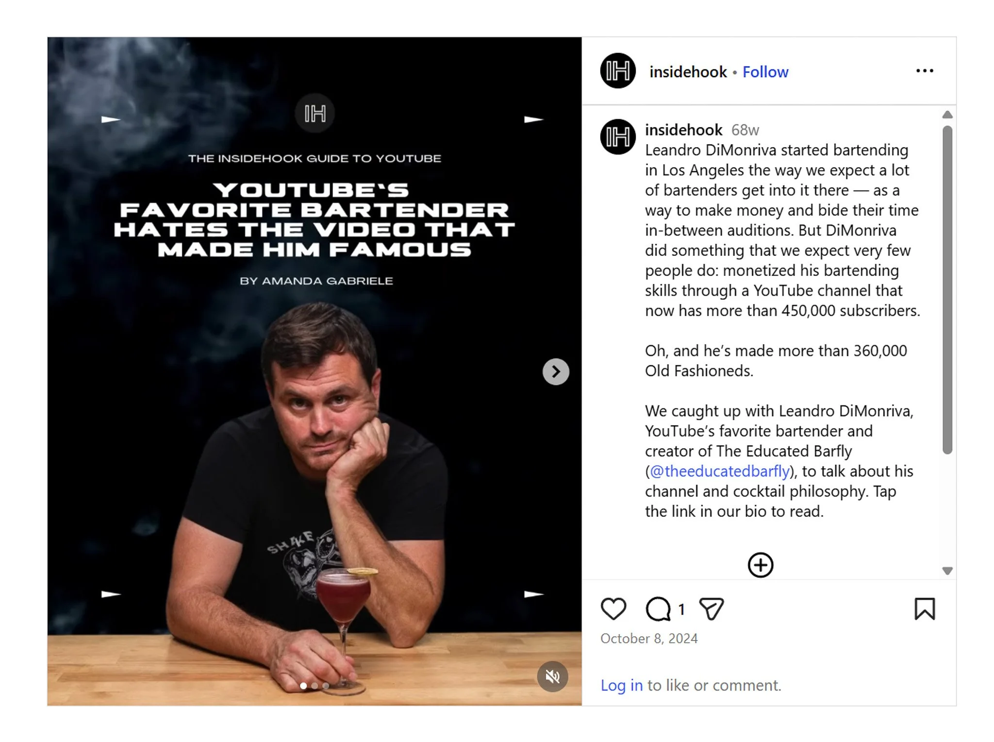 A man sitting at a bar with a cocktail in front of him, resting his chin on his hand. The background features a dark, smoky setting. Text on top indicates it's a guide about a popular YouTube bartender, Leandro DiMonriva.