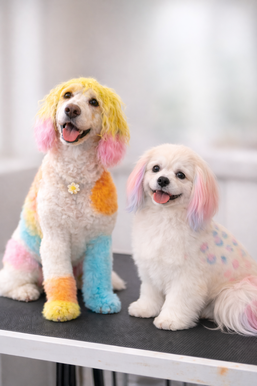 Two dogs with pastel-colored fur, one with rainbow patches and the other with pink and blue ears, sitting on a grooming table, smiling and looking at the camera.