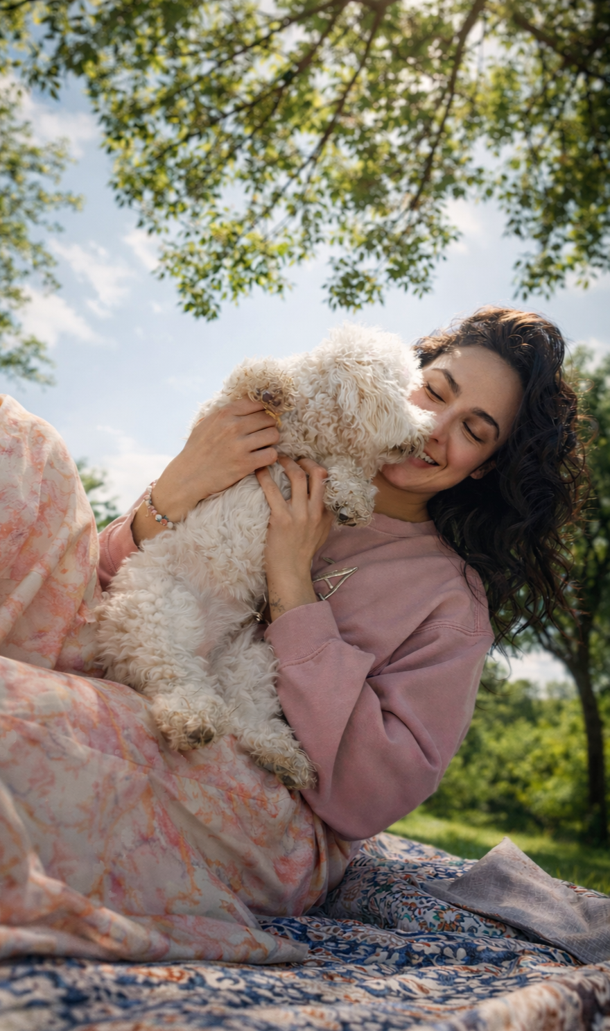 A woman holding a small white fluffy dog outdoors under a tree, smiling and kissing the dog.