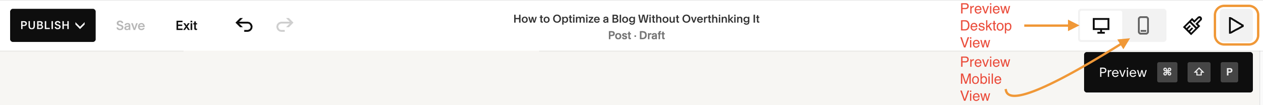 Squarespace blog editor toolbar with arrows identifying the desktop and mobile view controls and the Preview button highlighted.