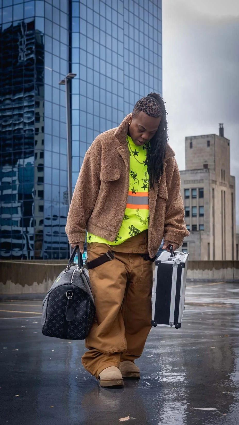 A person with dreadlocks wearing a bright yellow shirt with black star and floral patterns, brown baggy pants, a brown fleece jacket, and tan shoes, holding a black Louis Vuitton bag in one hand and a silver briefcase in the other, walking on a wet r