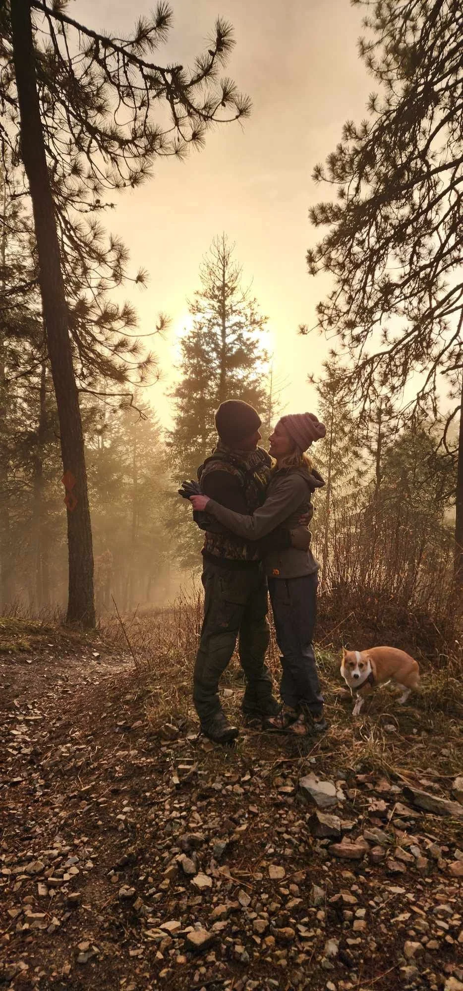 A couple hugging in a forest during sunset, with a dog nearby on a rocky trail.