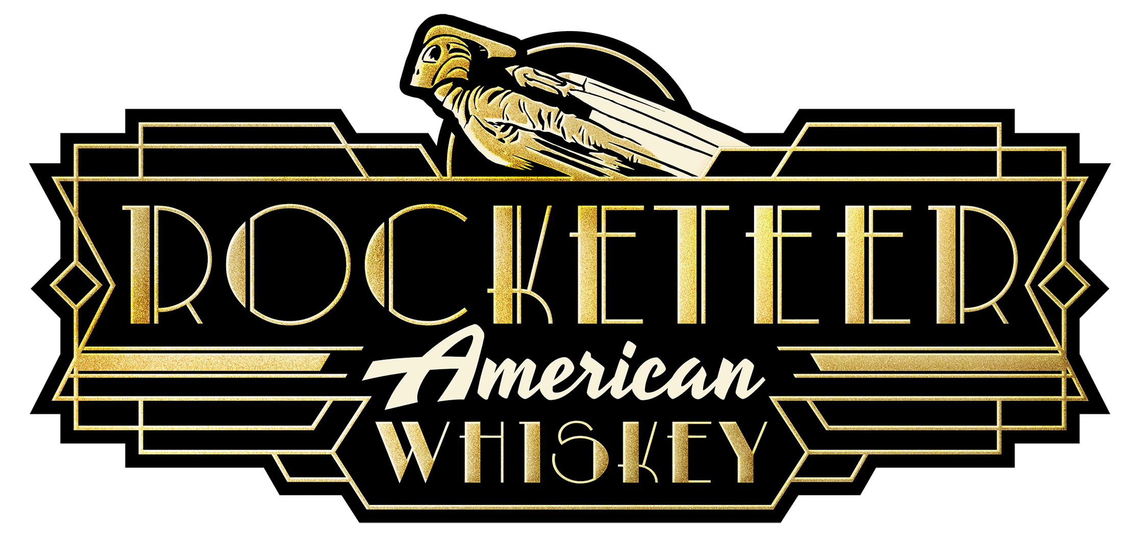 Gold and black sign with the words "Rocketeer American Whiskey" and a stylized jet parachuting above the text