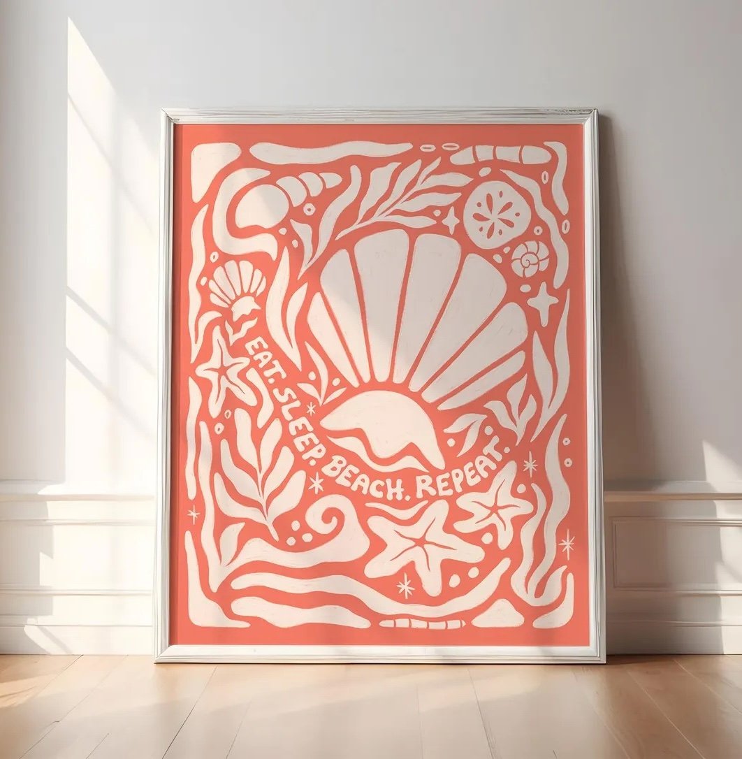 "Eat. Sleep. Beach. Repeat." Seashell Art Print