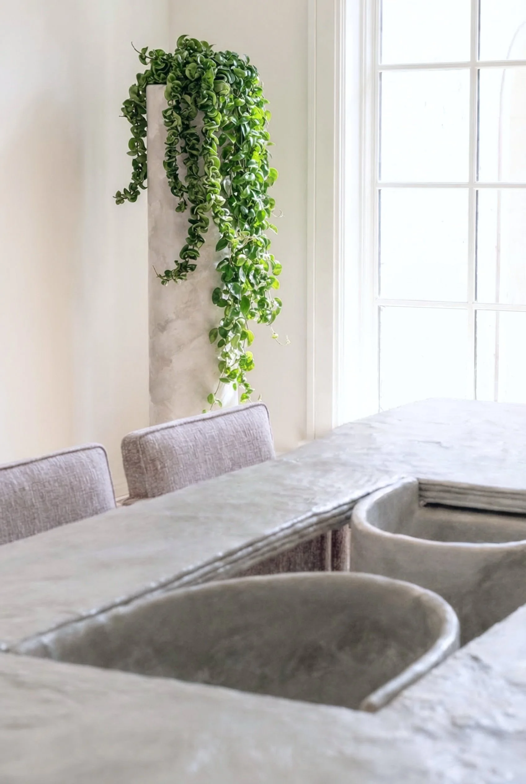Dining table and planter pedestal detail with hand-finished plaster surface by BAILEY FONTAINE STUDIO, upholstered seating, and living greenery in a softly layered contemporary interior.