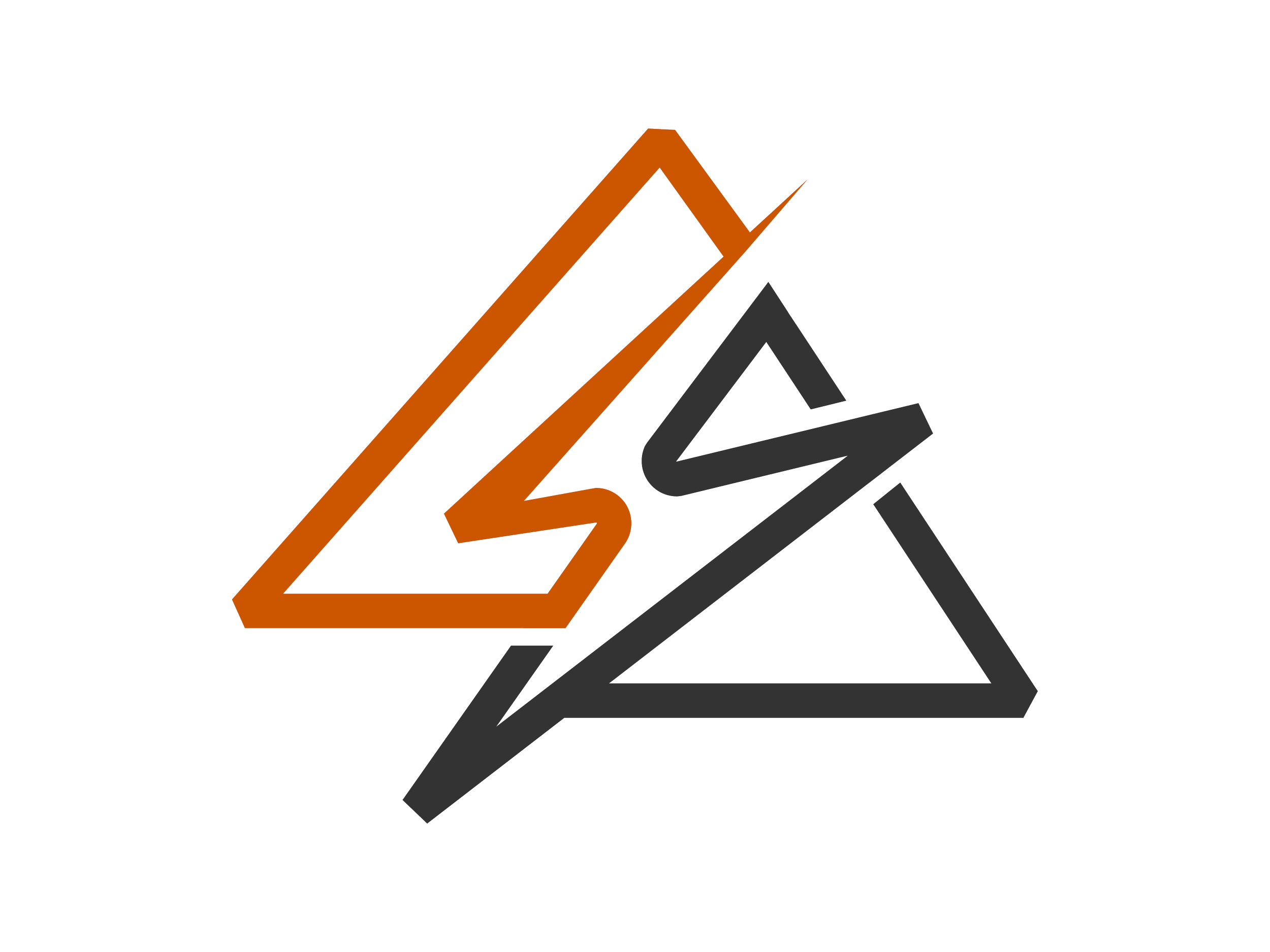 A geometric design of two interlocked triangles, one in orange and one in dark gray, on a black background.
