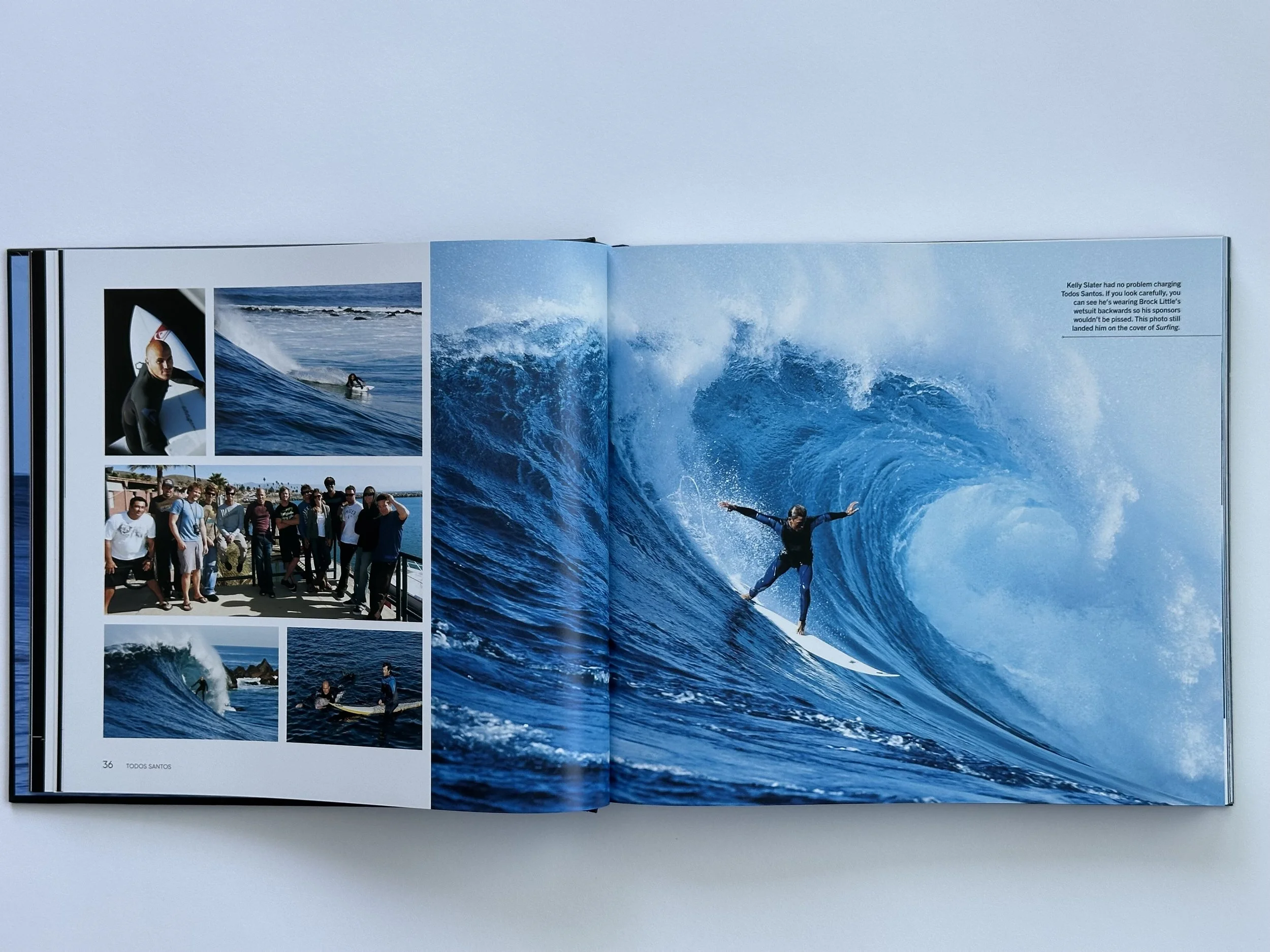 Pages within Pacific Quests book. Features surfers on a large wave.