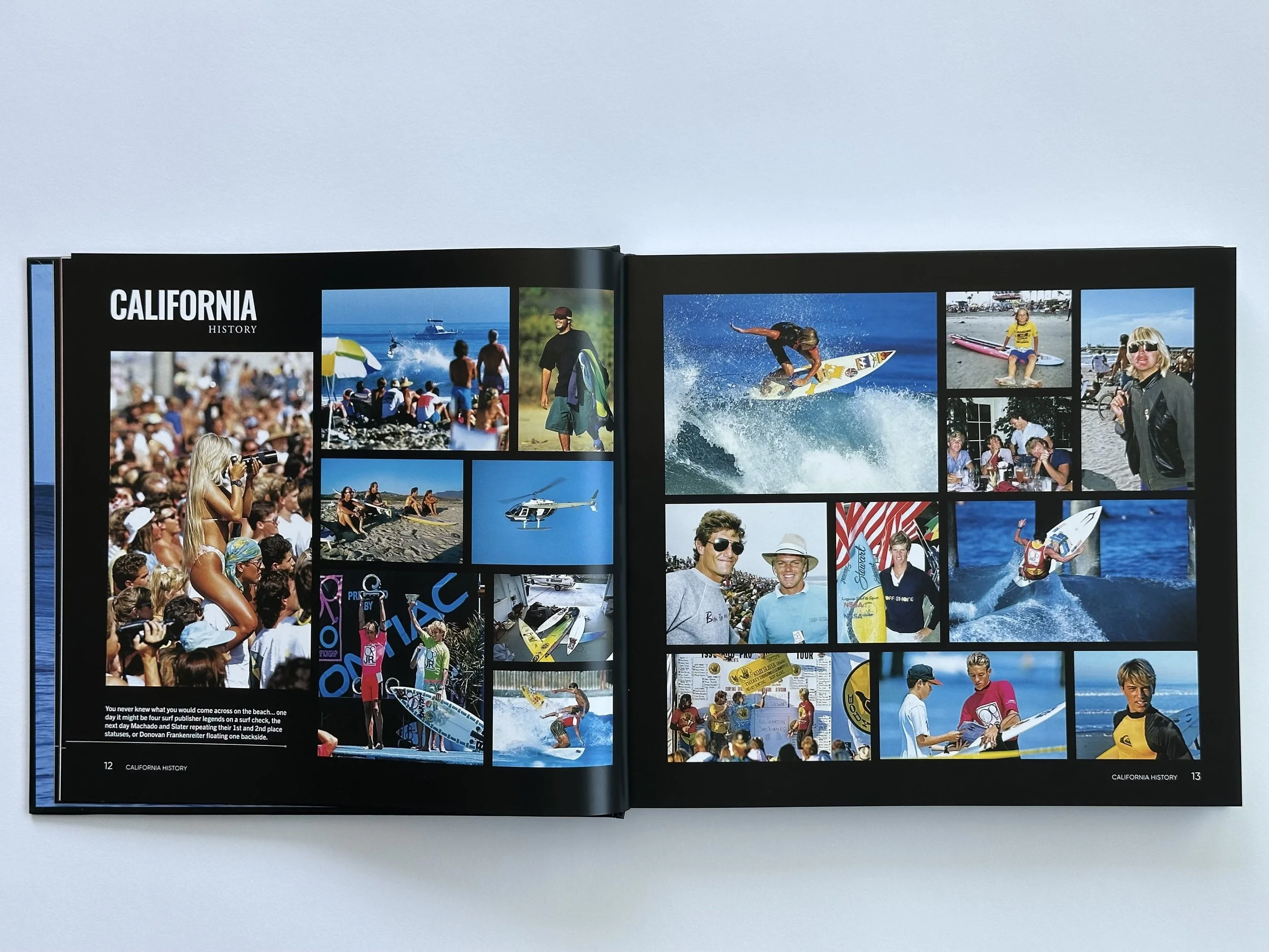 Pages within Pacific Quests book. Features popular images from California surf history. Gallery of images of professional surfers.
