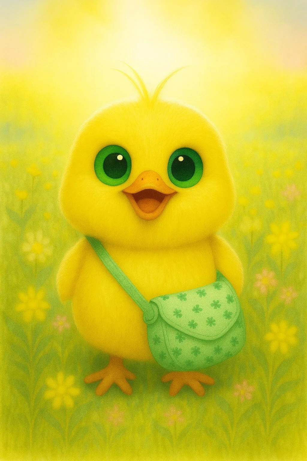 Clover the chick standing with satchel from Hide N' Peep Easter tradition kit