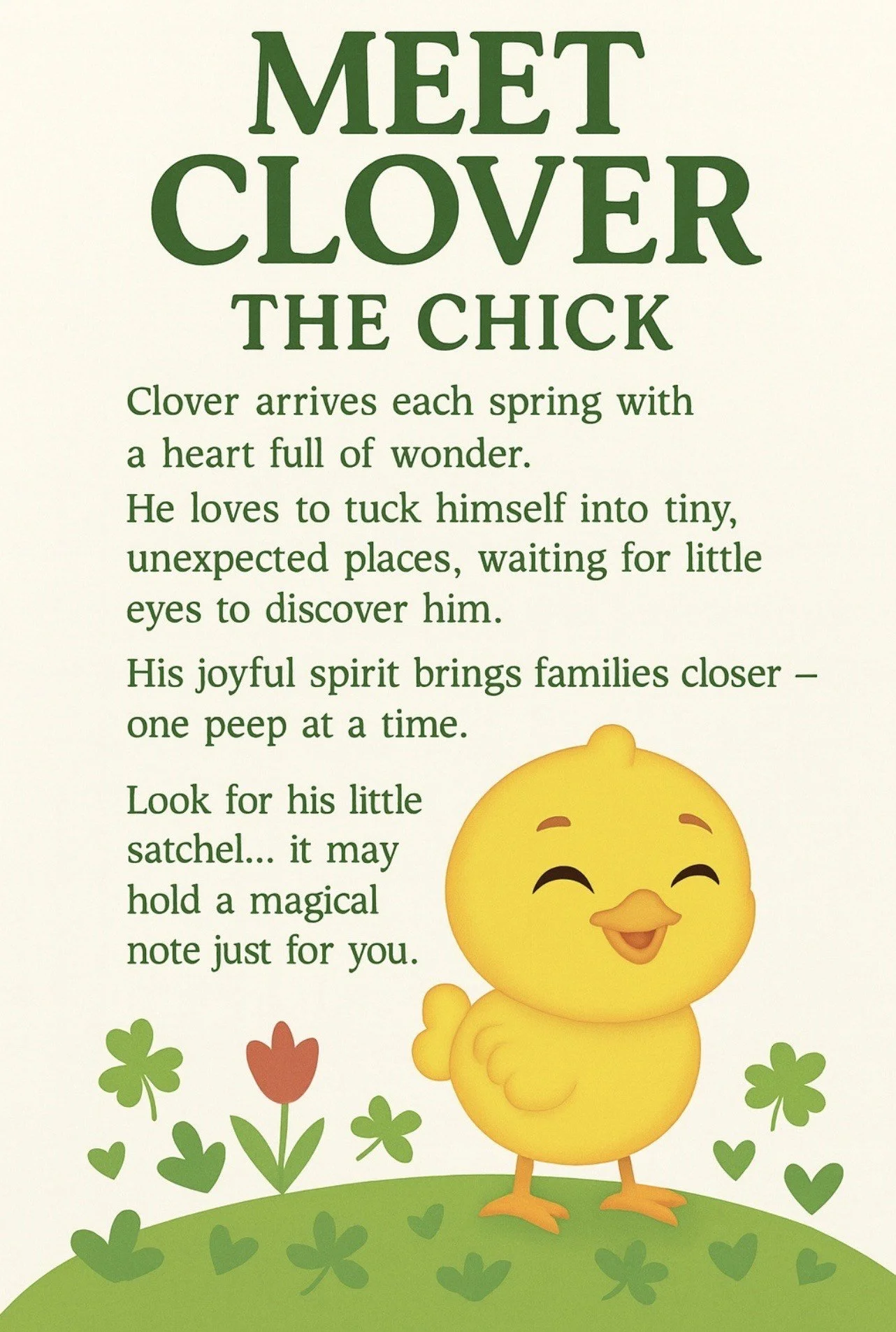 Welcome sign for Hide N' Peep Easter tradition kit featuring Clover the chick