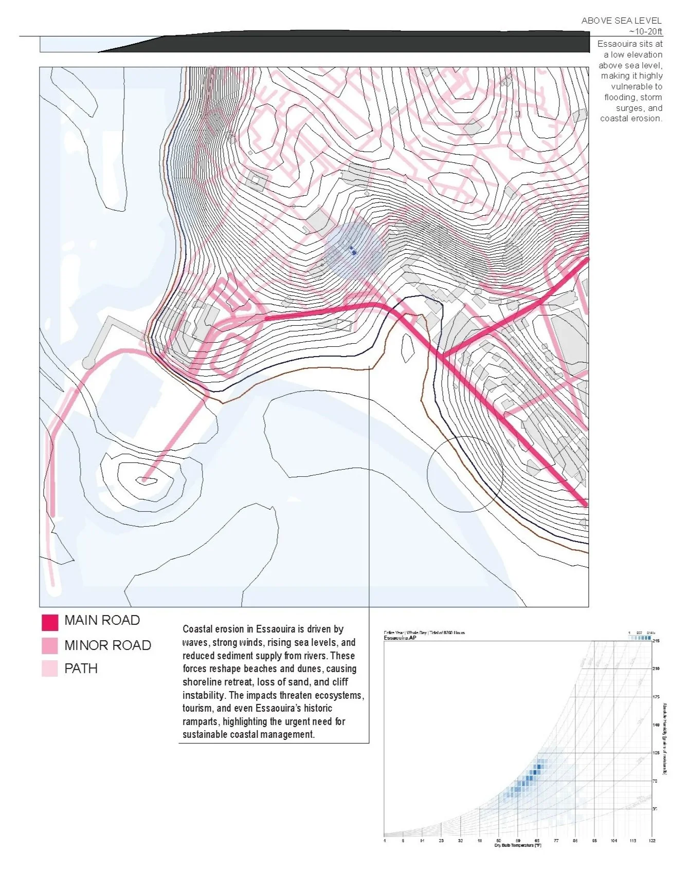 Sectional analysis of coastal elevation and erosion risk, revealing the site’s low-lying condition and vulnerability to storm surge, reinforcing the need for protected and embedded architectural massing.