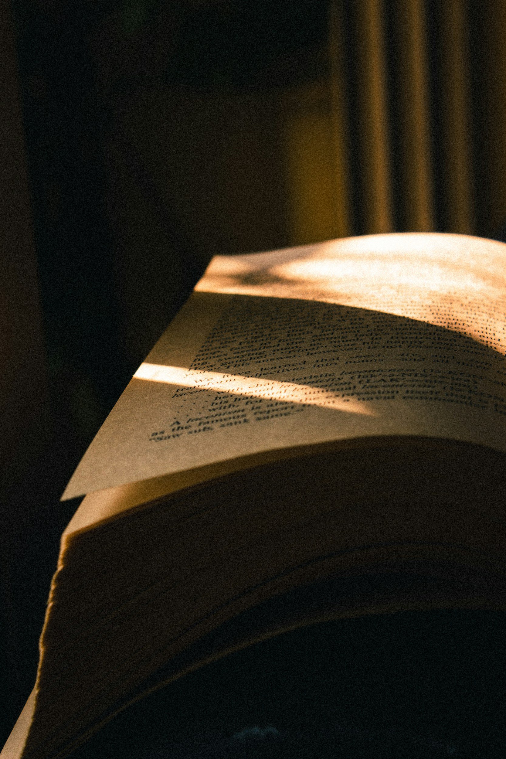 Close-up of a book with sunlight casting shadows on the pages.
