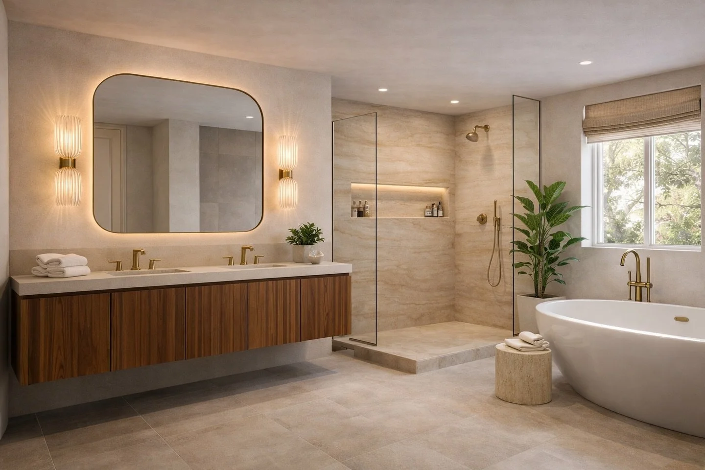 Bathroom concept designed by SAND.
Warm, clean, and timeless. With natural wood, soft neutral tones, and a spa inspired atmosphere. 
A place designed to feel peace, elevated, and inviting.
Would you do something like this in your home?