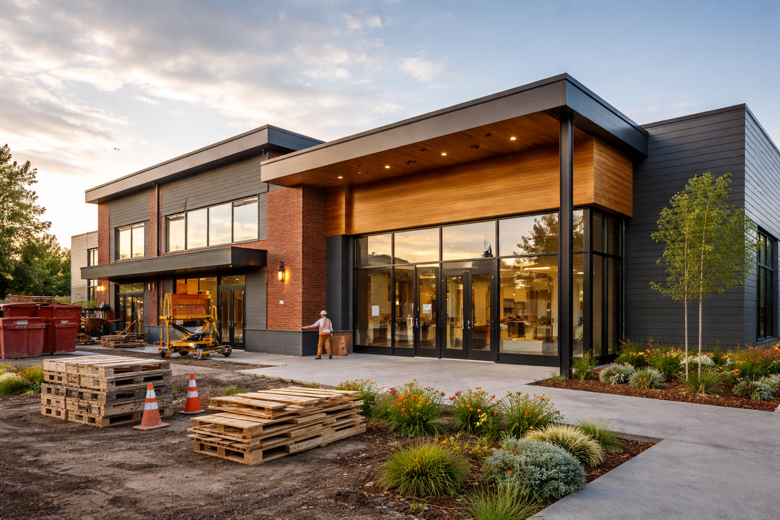 Modern commercial building exterior with glass and wood facade in San Diego