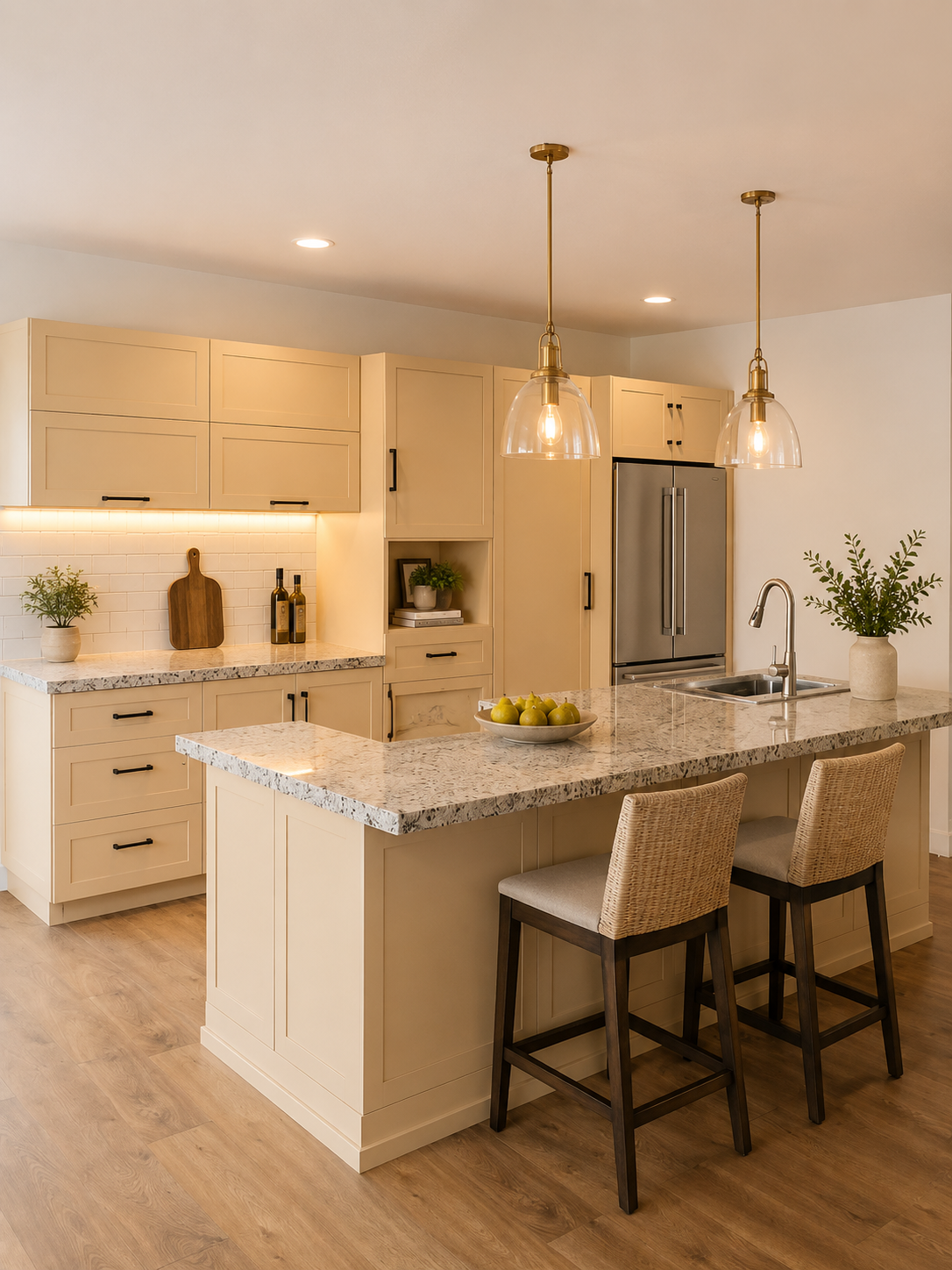 Remodeled kitchen with granite island, pendant lighting, and bar seating by SAND Builders in San Diego