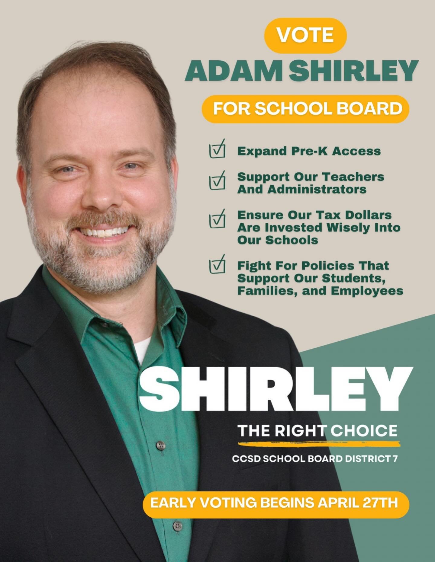 Hi Athens &mdash; I&rsquo;m Adam Shirley, and I&rsquo;m running for CCSD School Board District 7. 

I&rsquo;m a parent, a middle school teacher, and a public servant who has spent nearly two decades in our schools and our community. 

I&rsquo;m not r