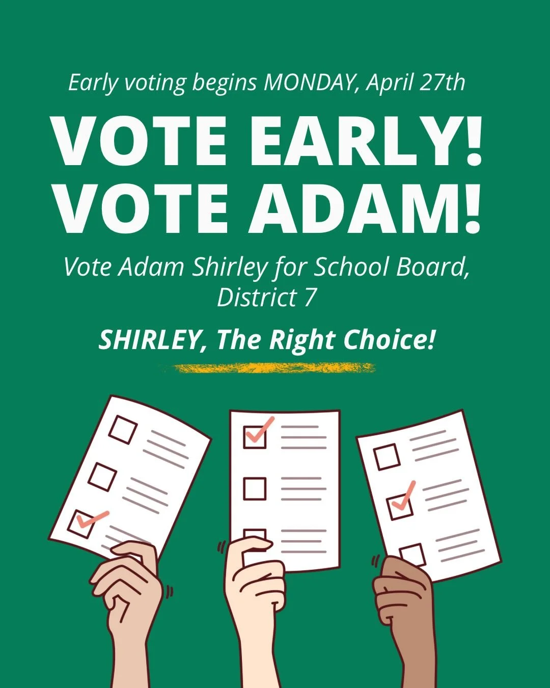 Athens, the wait is over &mdash; early voting starts TOMORROW! 🗳️💚

You don&rsquo;t have to wait until May 19 to cast your vote for Adam Shirley and the experienced, community-first leadership he will bring to CCSD School Board District 7. 
Startin