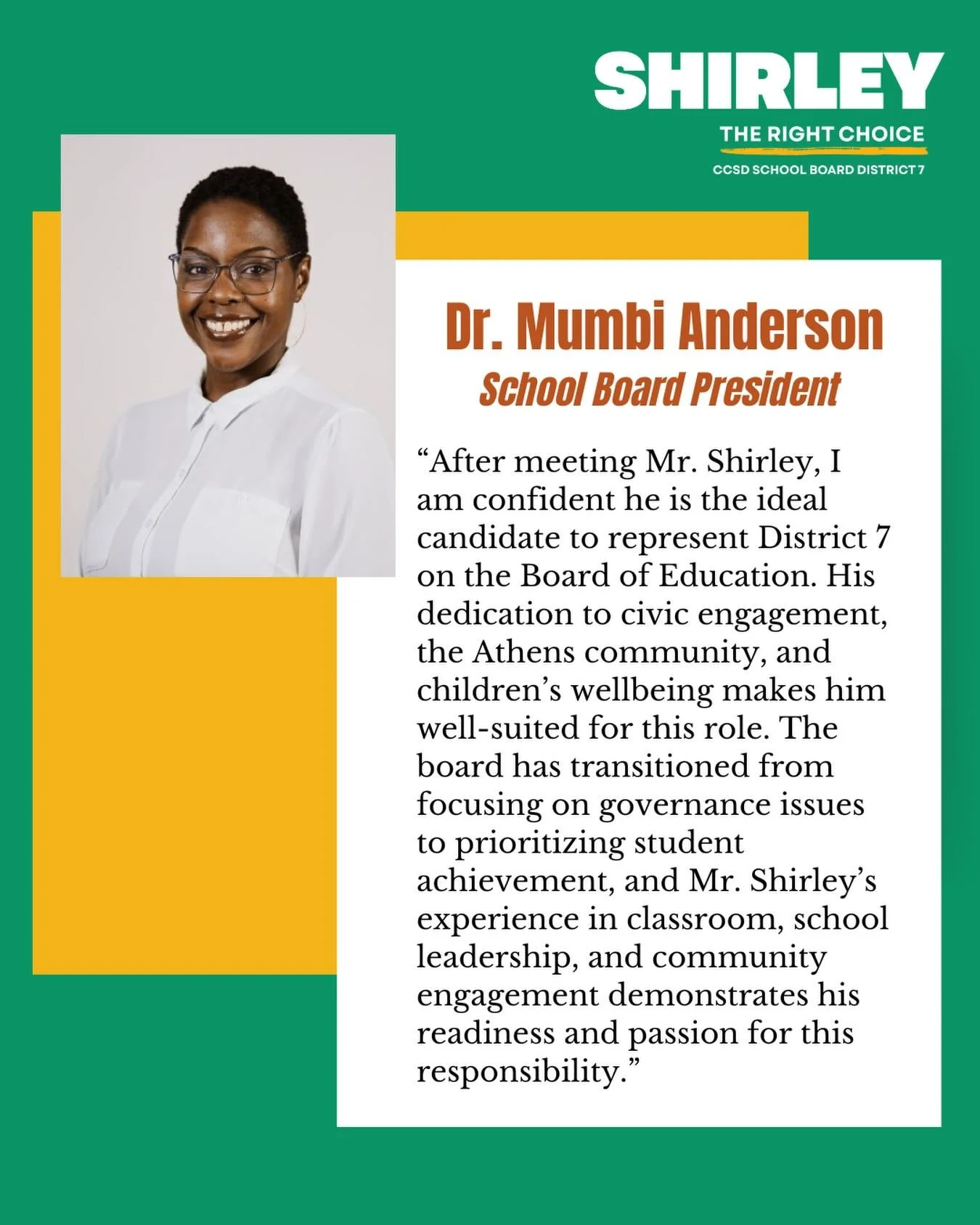 I am deeply honored and humbled to have the support of Dr. Mumbi Anderson, President of the Clarke County School Board. 

Dr. Anderson knows this work better than almost anyone and her confidence in my readiness to serve District 7 means the world to