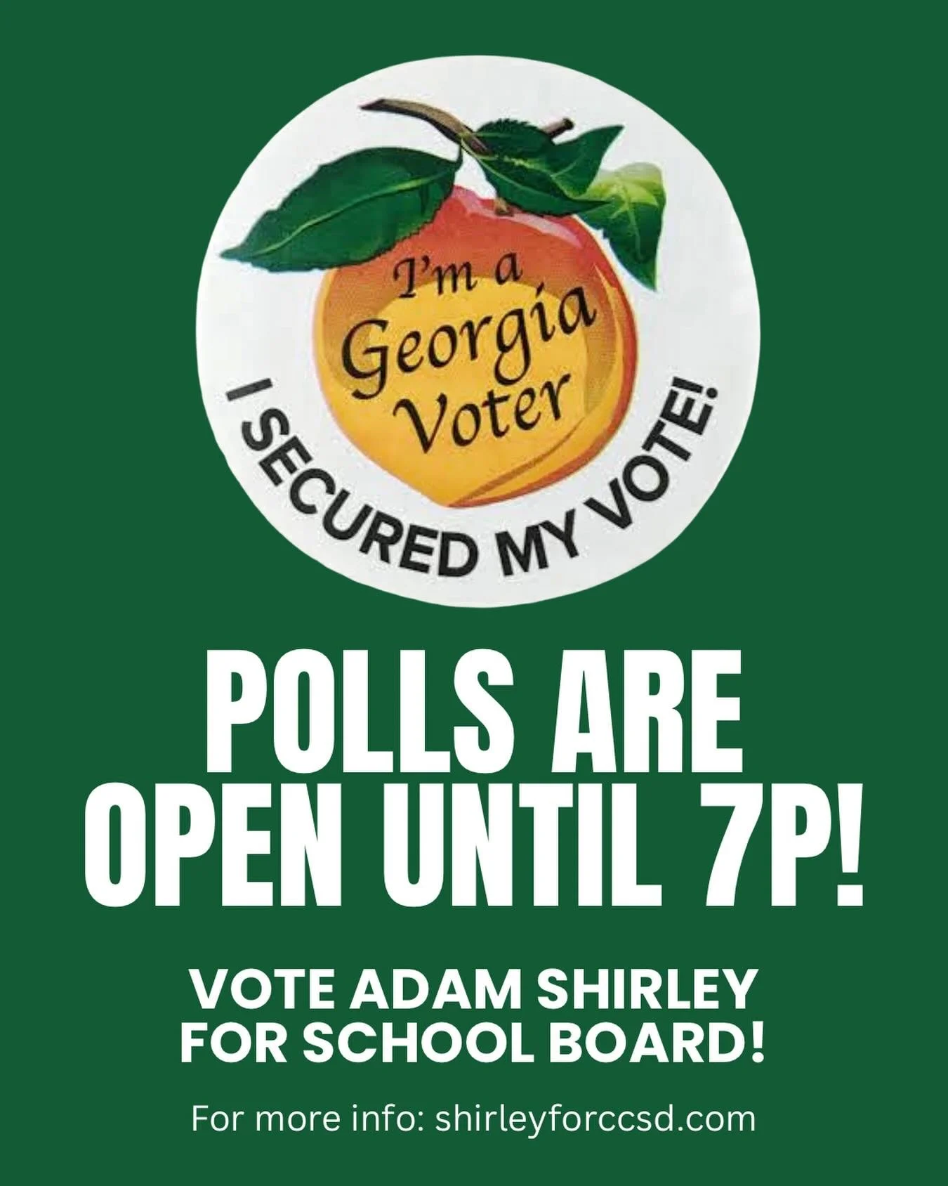 Polls are still open until 7p&mdash; and every vote counts! 🗳️ 

If you haven&rsquo;t voted yet, there&rsquo;s still time. Head to your District 7 polling location before 7p and cast your ballot for Adam Shirley for CCSD School Board!

Already voted